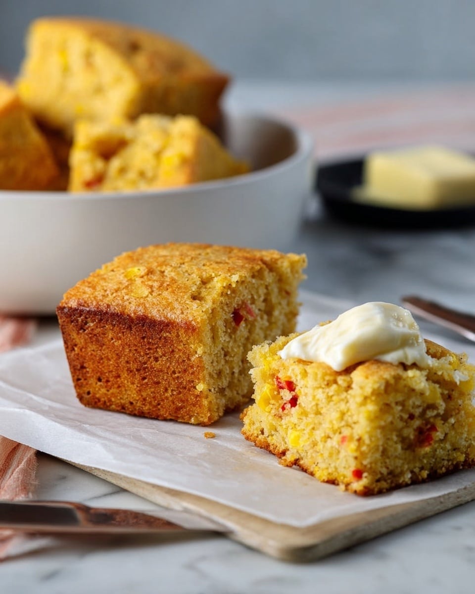 The image shows a close-up of two pieces of cornbread on a white parchment paper on a white marbled surface. The cornbread is golden brown with a rough texture on the outside, and inside it is yellow with small pieces of red pepper and corn visible. One piece is standing upright, showing its square shape and crumbly texture, while the other piece is broken in half with a dollop of white butter melting on top. In the background, there is a white round bowl filled with more pieces of cornbread. A small black dish with a piece of butter and a knife lies blurred in the distance. The whole scene is lit softly with natural light. photo taken with an iphone --ar 4:5 --v 7