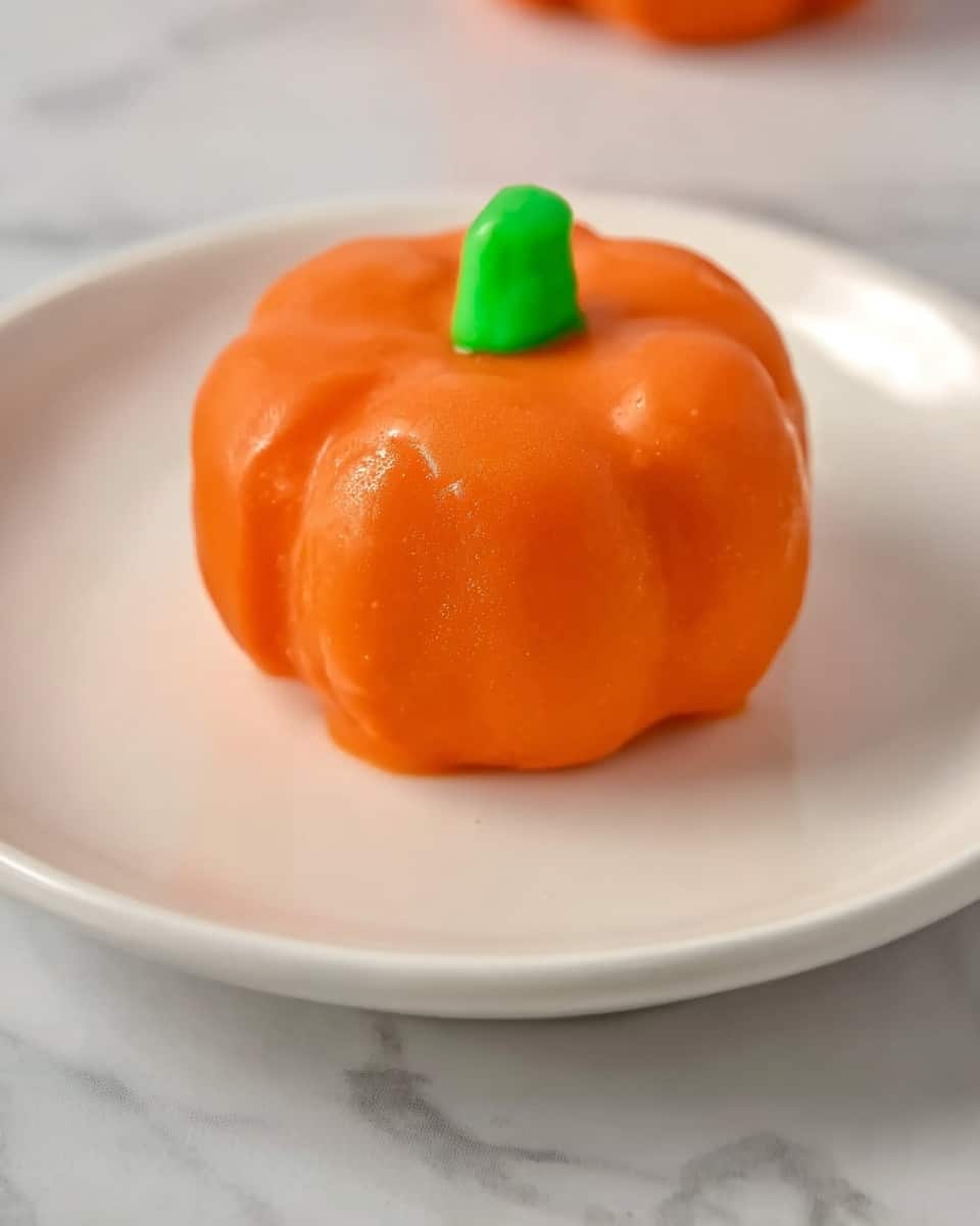 The image shows a small round treat shaped like an orange pumpkin on a white plate, placed on a white marbled surface. The pumpkin-shaped treat has a smooth, slightly textured orange coating covering it fully. On top of the treat, there is a small green candy piece that looks like the pumpkin’s stem, standing upright in the center. The lighting highlights the glossy shine on the orange coating, making it look fresh and inviting. photo taken with an iphone --ar 4:5 --v 7