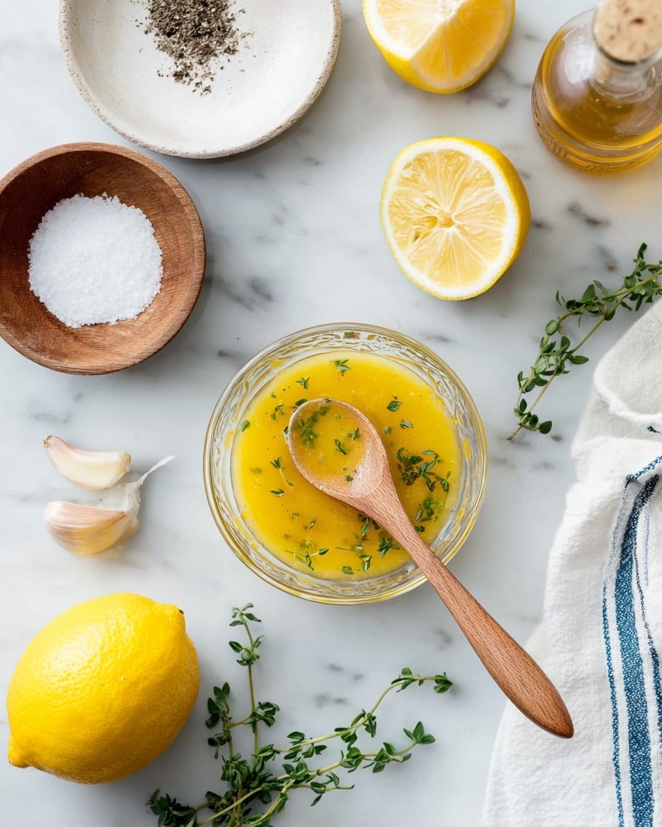 A small clear glass bowl with a yellow sauce garnished with green herb leaves, a wooden spoon resting inside the bowl. Around the bowl, there are two bright yellow lemon halves, a whole lemon, a white plate with ground black pepper, white garlic bulb, a small wooden bowl with white salt, a glass bottle with light brown liquid, green herb sprigs at the bottom, and a white towel with blue stripes on the right, all placed on a white marbled surface. photo taken with an iphone --ar 4:5 --v 7