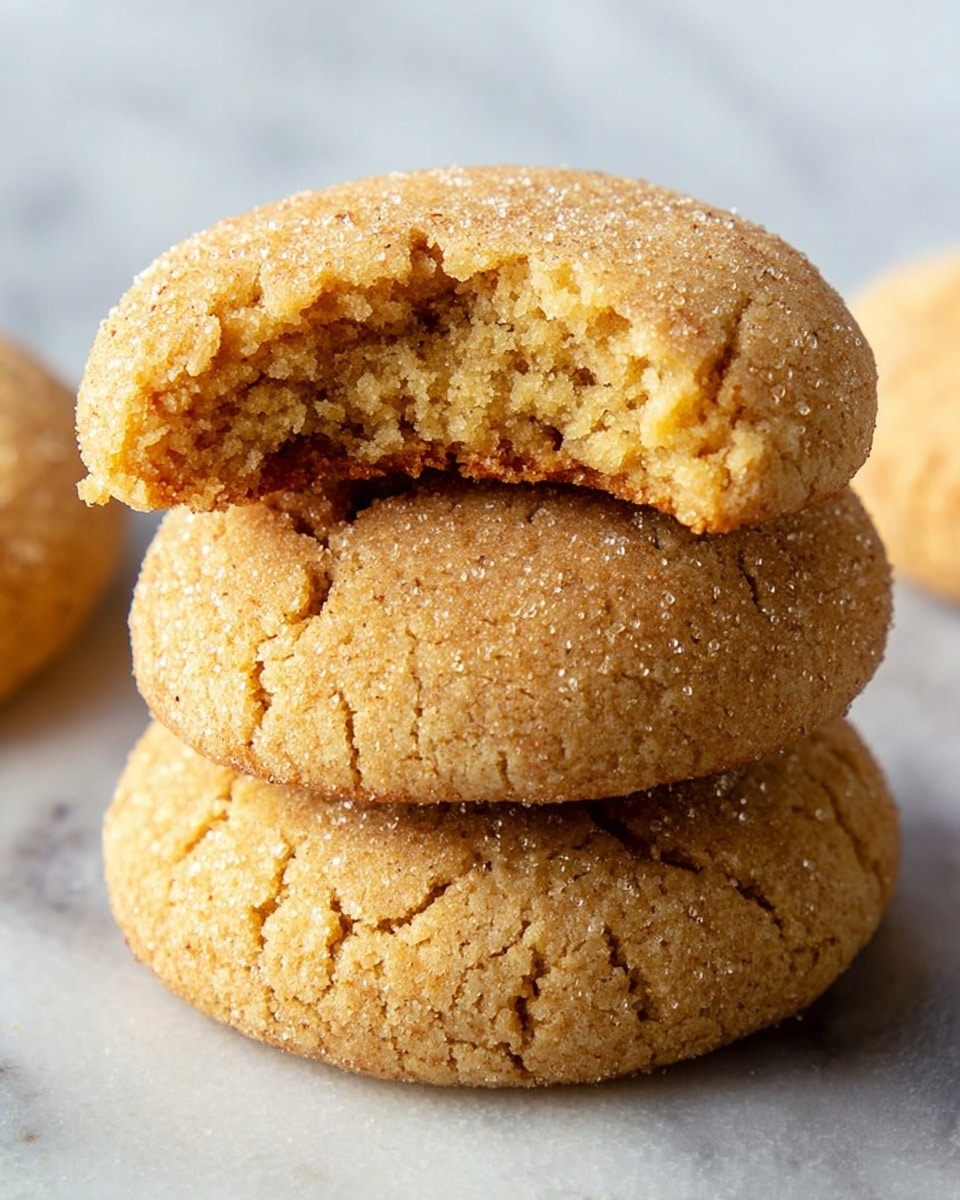 The image shows two soft, round cookies placed on a white marbled surface. One cookie is whole, light brown in color with a slightly cracked and sugar-coated textured top. The other cookie is broken in half, revealing a crumbly, moist, and pale golden interior. The overall look is warm and inviting with a subtle cinnamon tone visible on the cookies’ surface. Photo taken with an iphone --ar 4:5 --v 7