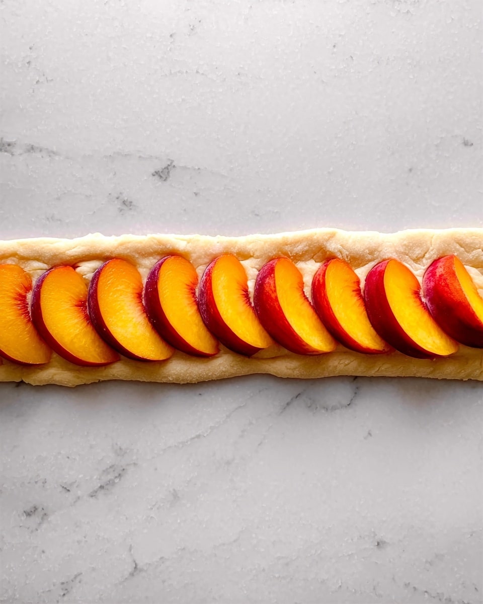 The image shows a long, thin strip of light tan dough flat on a white marbled surface. On top of this dough strip, there is one layer of evenly spaced, round peach slices with bright orange and red skin. The peach slices are placed close together along the entire length of the dough strip. Photo taken with an iphone --ar 4:5 --v 7