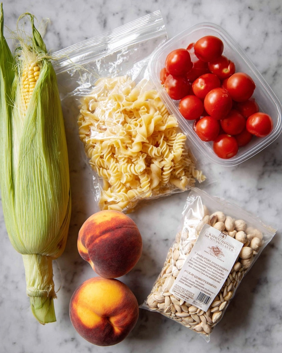 The image shows a white marbled surface with several fresh food items scattered on it. On the left, there is an ear of corn with green husks partially peeled back to reveal yellow kernels. Near the corn, three fuzzy peaches with a mix of red, orange, and yellow colors are placed close together. Above the peaches, there is a clear plastic bag filled with curly, pale yellow artisan pasta. To the right of the pasta bag, a clear plastic container holds bright red grape tomatoes. Finally, in the top right corner, there is a sealed package of light brown pine nuts with a white label. Photo taken with an iphone --ar 4:5 --v 7