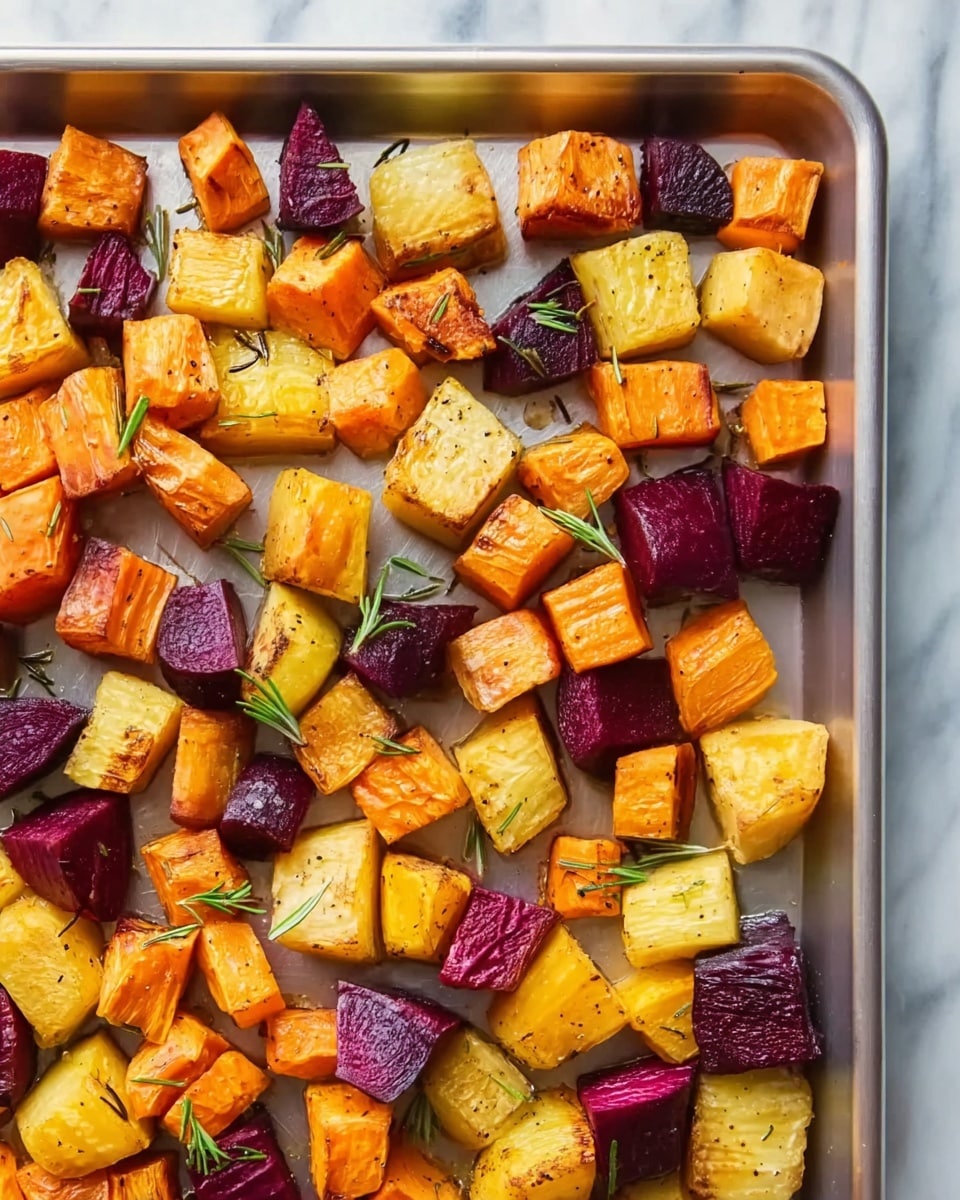 The image shows a silver baking tray filled with many pieces of roasted vegetables. The vegetables are cut into small, uneven cubes in three colors: orange, yellow, and deep purple. The orange pieces are mostly carrots and sweet potatoes, the yellow pieces look like parsnips or turnips, and the deep purple pieces are beets. Each piece has a slightly brown roasted edge and a soft texture. Small green herb leaves, probably rosemary, are scattered on top. The tray is placed on a white marbled surface. photo taken with an iphone --ar 4:5 --v 7