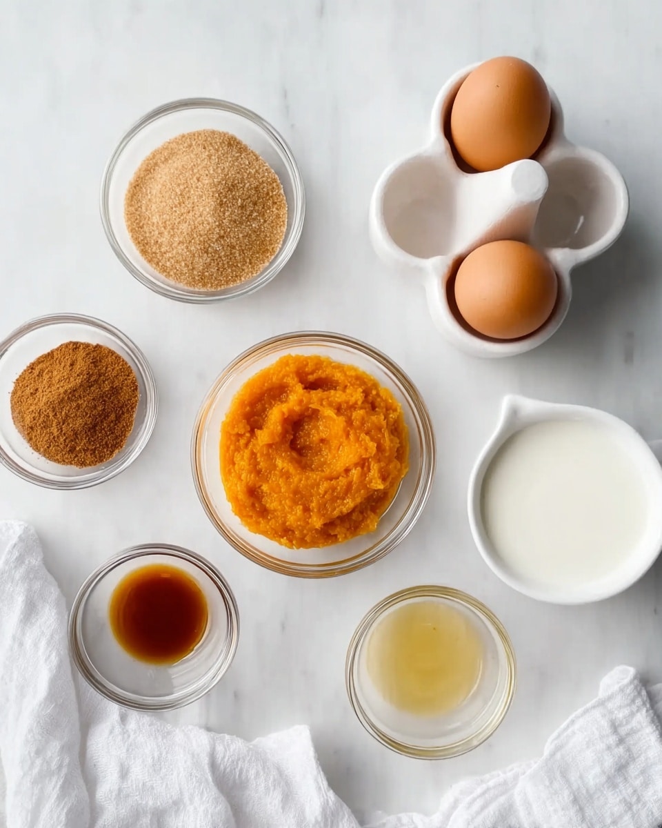The image shows six small glass bowls and a white egg holder with two brown eggs on a white marbled surface. The bowls contain different ingredients: one has light brown sugar with a grainy texture, another holds smooth orange pumpkin puree, the third contains light brown cinnamon powder, the fourth has translucent golden vanilla extract, and the fifth holds white milk. The egg holder is simple and clean, placed near the top right corner of the image, and a white cloth is loosely folded in the bottom left corner. Photo taken with an iphone --ar 4:5 --v 7