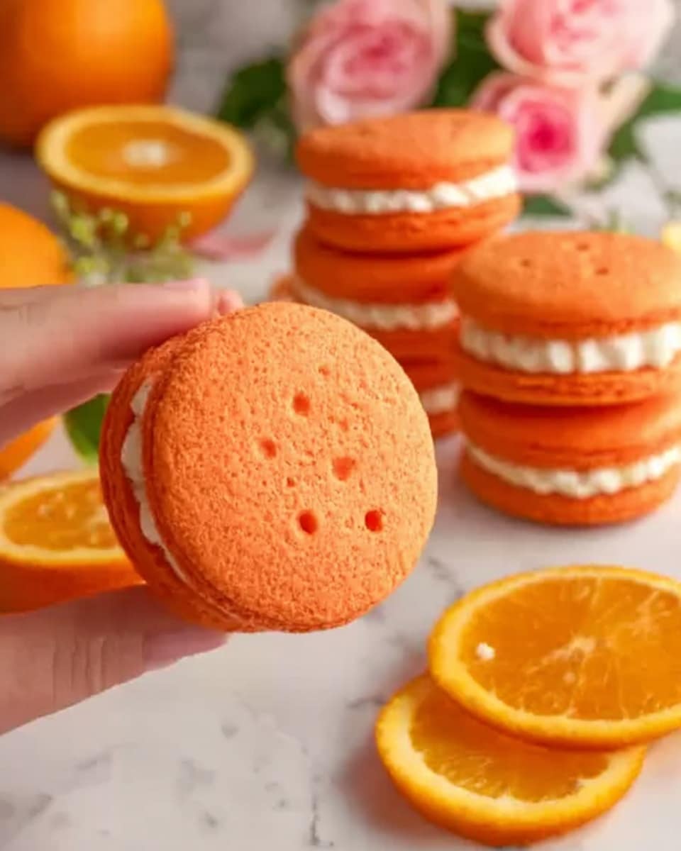 The image shows two orange sandwich cookies stacked on a white marble surface. The bottom cookie scoop is orange with a smooth white cream layer in the middle. Above it, there is another orange cookie with a thick white cream layer topped with a glossy, translucent orange jelly. A woman's hand is holding the top sandwich cookie with a bite taken out, showing the creamy and jelly layers inside. Around the cookies, there are fresh orange slices and blurred pink roses in the background, with a glass of orange juice nearby. The scene is bright and fresh with soft lighting, photo taken with an iphone --ar 4:5 --v 7