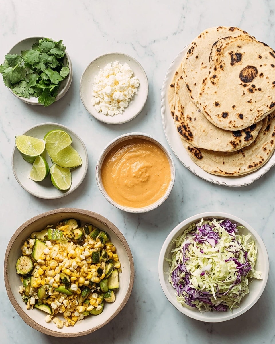 The image shows six white bowls and plates arranged on a white marbled surface. On the top right, a white plate holds four slightly charred tortillas stacked unevenly, showing some brown spots. Next to it on the left are three small white bowls: one bowl with fresh green cilantro leaves, one with four lemon and lime wedges placed on a white saucer, and another with white crumbly cheese. Below these, a large white bowl is filled with a mix of roasted yellow corn kernels and green vegetable pieces, possibly zucchini. To its left, a medium white bowl contains a smooth, light orange sauce. On the bottom right, a white bowl is filled with finely shredded cabbage in green and purple colors. Photo taken with an iphone --ar 4:5 --v 7