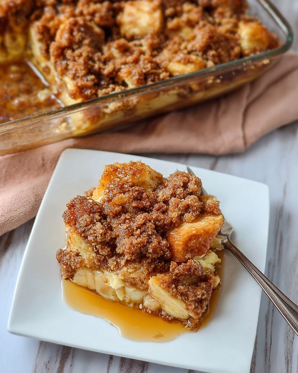 A single serving of a baked dessert sits on a white plate with soft, uneven layers of light yellow cake that look fluffy and moist. On top, there is a thick layer of crumbly, brown streusel with a rough texture, sprinkled generously across the cake's surface. The dessert is drizzled with a glossy amber syrup pooling slightly at the plate’s bottom, adding shine and contrast. In the background, a clear glass dish shows more pieces of the same dessert stacked together, placed on a wooden surface. Photo taken with an iphone --ar 4:5 --v 7