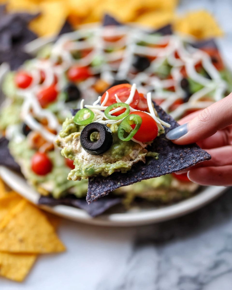 The dish shows a round layered dip in a white plate, sitting on a white marbled surface, with a section already taken out. The bottom layer appears creamy and beige mixed with chunks, topped by a smooth red sauce layer. On top of this is a thick, evenly spread green guacamole layer. A white spider web shape made from sour cream decorates the green top, with black olive slices arranged as spider legs and whole olives as spider bodies. Around the edge of the dip is a border of shredded cheese, chopped tomatoes, black olives, and green onions. In the background, there is a small white bowl filled with chunky red salsa, and surrounding the plate are yellow and blue corn chips, as well as whole and halved orange and red mini bell peppers. Photo taken with an iphone --ar 4:5 --v 7