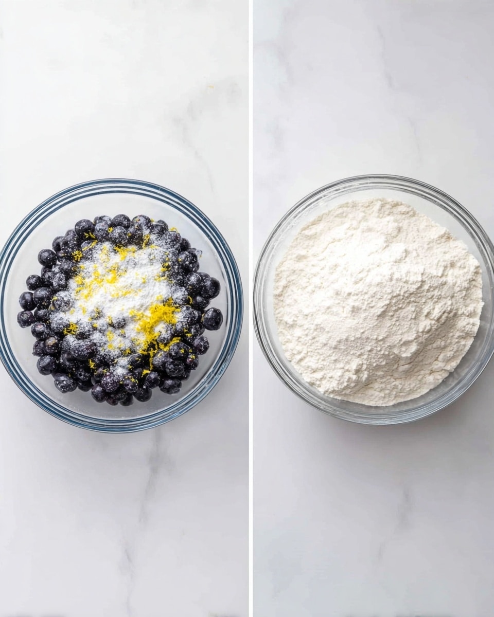 The image shows two clear glass bowls placed side by side on a white marbled surface. The left bowl contains a layer of dark blue blueberries covered with a light dusting of white powder and small specks of yellow zest scattered on top, creating a contrast between the deep blue and bright yellow. The right bowl holds a smooth, even layer of fine white flour, with a soft texture and no other visible ingredients. photo taken with an iphone --ar 4:5 --v 7