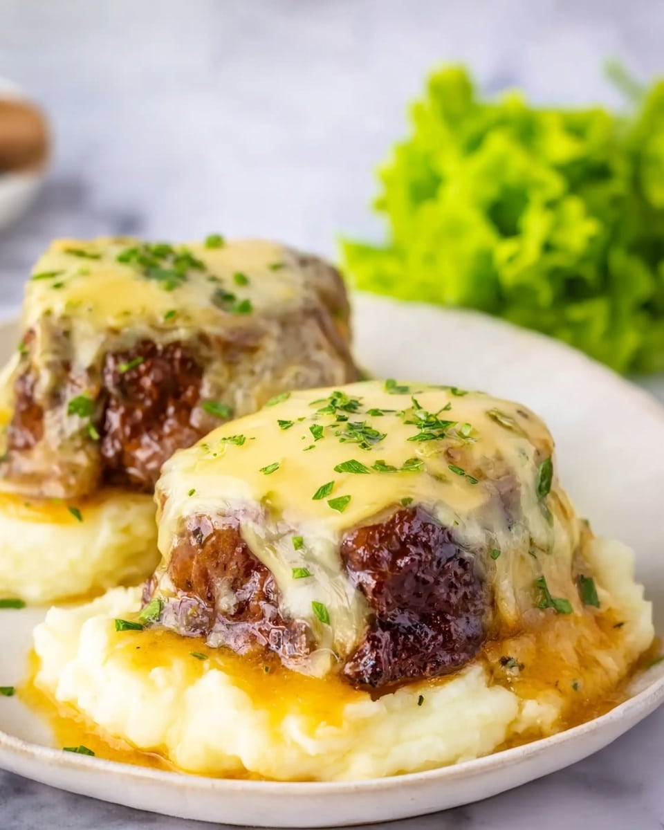 The image shows two pieces of dark brown, cooked meat placed on a flat layer of creamy mashed potatoes on a white plate. Each piece of meat is covered with a thick, melted layer of light yellow cheese with small green herb bits sprinkled on top. The mashed potatoes have a smooth texture and are spread evenly on the plate, slightly outward from beneath the meat. In the background, there is a blurry bunch of green lettuce and a white marbled surface. The photo is clear and bright, showing the dish in close-up view. photo taken with an iphone --ar 4:5 --v 7