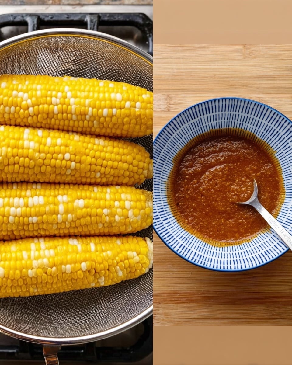 The left side shows four yellow and white cobs of corn inside a silver metal steamer basket on a stove top, with a textured metal surface beneath the corn. The right side has a white bowl with blue dots and lines along the edge, filled with a thick, brown textured sauce and a silver spoon resting in it, the bowl is on a light wooden surface. photo taken with an iphone --ar 4:5 --v 7