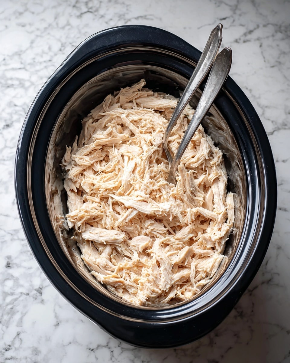 A black slow cooker filled with one thick layer of light beige shredded chicken, appearing soft and fibrous, with two silver forks placed diagonally inside resting on the chicken. The slow cooker sits on a white marbled surface. photo taken with an iphone --ar 4:5 --v 7