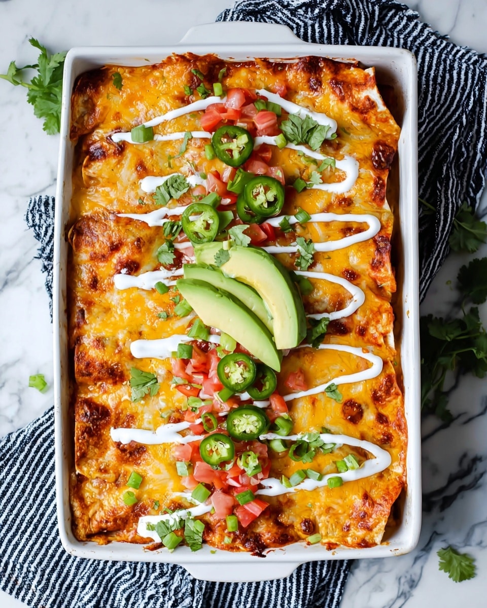 A white rectangular baking dish shows a layer of baked tortillas covered with melted golden yellow cheese that has some brown spots from baking. On top, there are sliced green jalapeños, small pieces of red tomato, and chopped green onions scattered around. Two slices of light green avocado are placed in the center. White sour cream is drizzled in three vertical lines over the dish. Small green cilantro leaves are spread on top. The dish sits on a white marbled surface with a black and white striped cloth beneath it. Photo taken with an iphone --ar 4:5 --v 7