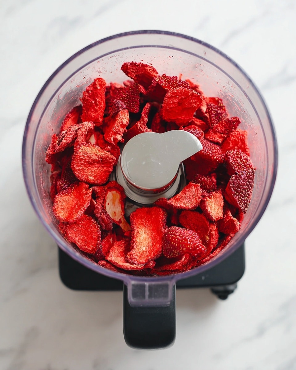 A clear food processor bowl filled with bright red dried strawberry slices showing their seeds and textured surfaces, with a sharp silver blade resting in the center. The food processor has a black base and handle, and it is placed on a white marbled surface. The strawberries fill the bowl up to about halfway, and the image captures the vibrant colors and detailed textures of the dried fruit. photo taken with an iphone --ar 4:5 --v 7