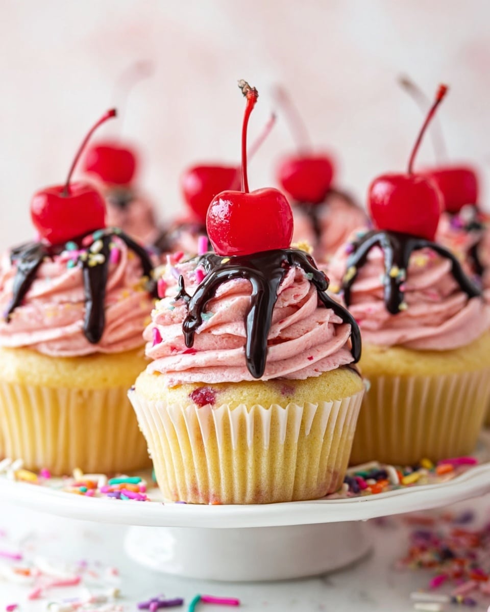 The image shows yellow cupcakes with light pink swirled frosting on top, placed on a white plate with some colorful sprinkles scattered around. Each cupcake has a drizzle of dark chocolate sauce on the frosting and is topped with a bright red cherry with its stem. The pink frosting looks creamy and smooth, with small specks visible in it, and the cupcakes are arranged closely on a white marbled surface. The overall look is bright and colorful with a soft focus background. photo taken with an iphone --ar 4:5 --v 7