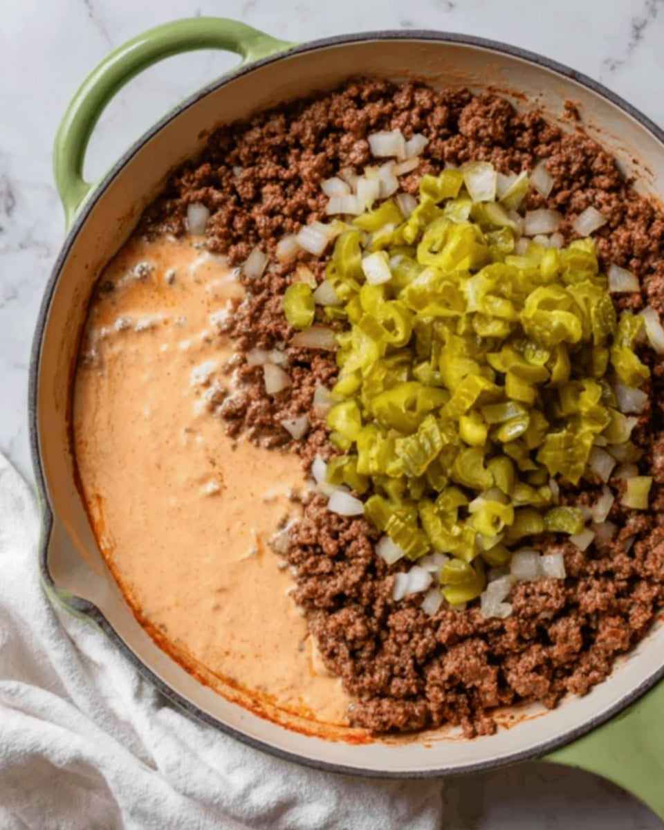 The image shows a white skillet with a green handle placed on a white marbled surface with a white cloth nearby. Inside the skillet, there are three visible layers: one quarter has light brown cooked ground meat mixed with small pieces of white onion, next to it is a pile of finely chopped yellow pickles, and the remaining half of the skillet is covered with a creamy, pale pinkish-orange sauce with a smooth texture. The ingredients are clearly separated and show different textures and colors. photo taken with an iphone --ar 4:5 --v 7