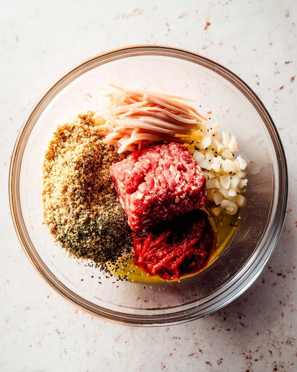 A clear glass bowl shows five food layers arranged next to each other without mixing. On the left is a pile of light brown and green breadcrumbs with a rough texture. Above it, a small bunch of thin pale pink strips, soft and moist. To the right, small white chopped pieces with a slight shine. Next to these pieces on the right is a compact bright red block of minced meat with a slightly rough surface. A dollop of thick, bright red paste sits at the bottom center, close to the meat. A drizzle of golden oil with black pepper specks is spread on top in the middle. The bowl sits on a white marbled texture. photo taken with an iphone --ar 4:5 --v 7