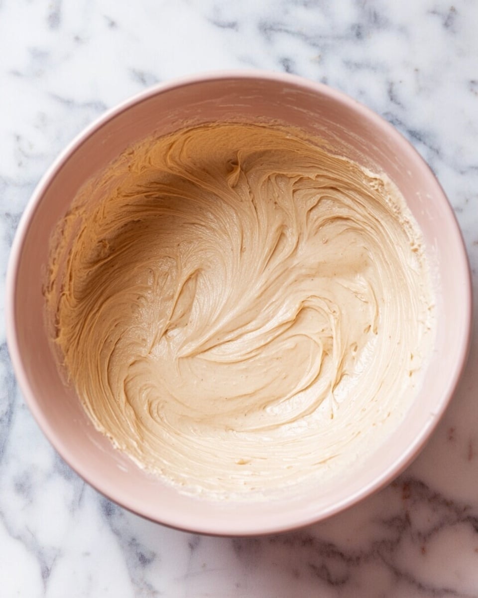 A close-up view of a smooth, creamy beige batter inside a pale pink bowl, with visible swirls and soft peaks showing its thick texture. The bowl is set on a white marbled surface, adding a clean and bright background. The batter fills the bowl mostly but leaves some space around the edges, highlighting the movement and mixing patterns. Photo taken with an iphone --ar 4:5 --v 7