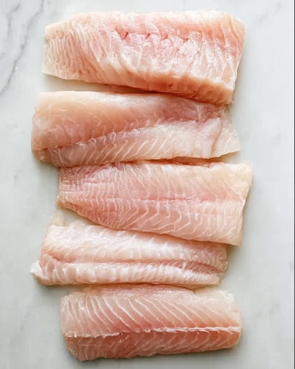 The image shows five pieces of raw fish fillets laid out vertically on a white marbled surface. Each fillet is light pink with a smooth, slightly shiny texture and visible natural lines running across them. The fillets vary slightly in size and shape, with the top fillet being the largest and the bottom fillet the smallest. The overall color is pale pink with some white patches, giving a fresh and clean look. The fish pieces are arranged closely but not overlapping. Photo taken with an iphone --ar 4:5 --v 7