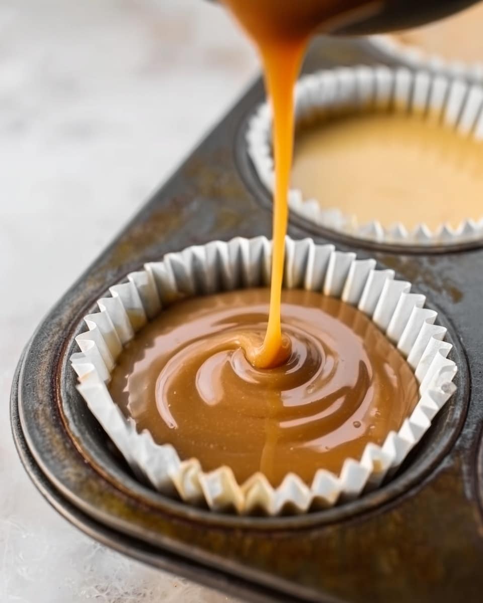 The image shows a close-up of a white paper cupcake liner inside a dark metal muffin tray. Inside the liner, there is a thick, smooth light caramel-colored liquid being slowly poured in a thin stream from above. The creamy layer fills the liner evenly, creating a glossy texture on top, with gentle ripples where the liquid lands. The background surface is white marble with soft veining, slightly blurred to keep focus on the pouring caramel. Another cupcake liner filled with the same caramel liquid can be seen blurred in the back. Photo taken with an iphone --ar 4:5 --v 7