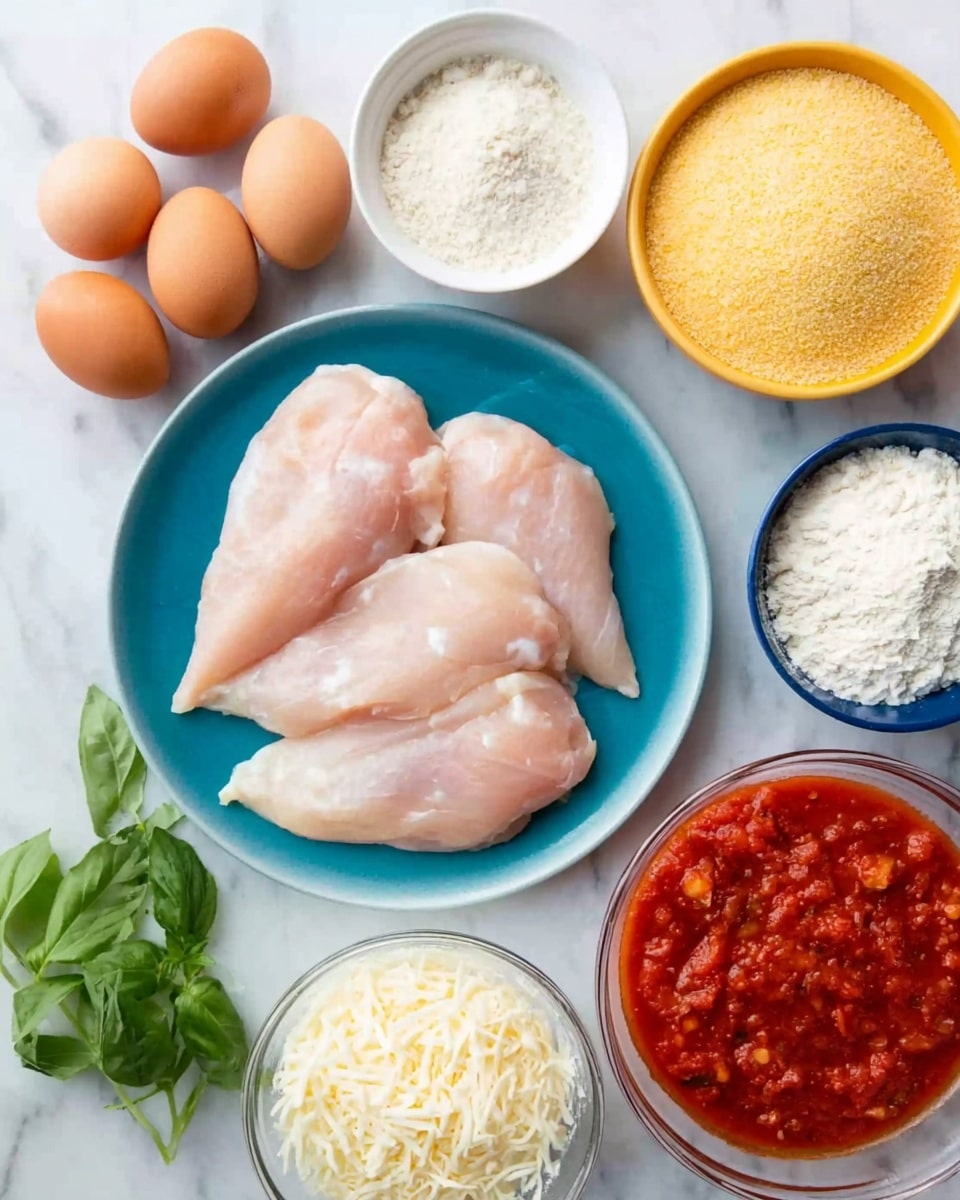 A white marbled surface with a blue plate holding four raw chicken fillets in the center. Around the plate, there are six brown eggs on the white marbled surface to the top left, a small white bowl filled with white breadcrumbs above the plate, a yellow bowl with fine yellow cornmeal to the top right, and a small blue bowl with white flour below the cornmeal. Below the chicken plate is a clear bowl filled with white shredded cheese, and to the right of it, a clear bowl containing red tomato sauce with small tomato pieces. A small bunch of fresh green basil leaves is placed at the bottom left corner. Photo taken with an iphone --ar 4:5 --v 7