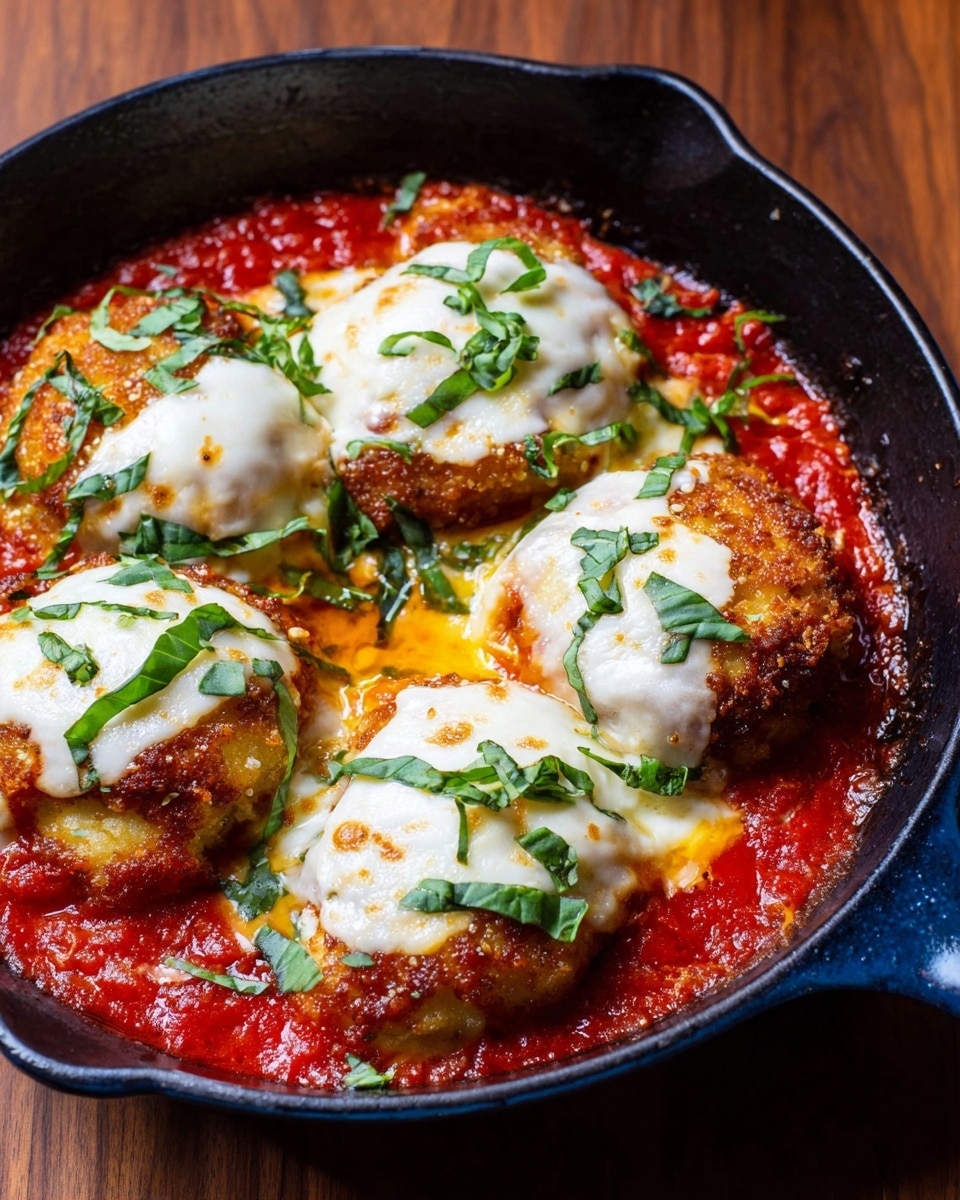 The image shows a close-up of a white plate with a cheesy dish covered in bright red tomato sauce. There are three clear layers: the bottom layer is thick, chunky tomato sauce with visible herbs; above it is a large, golden-browned piece of food covered with melted, stretchy cheese that pulls apart as a fork lifts a piece; small green herb leaves are visible on top. The background is a white marbled surface with soft natural light. A woman's hand holds the fork lifting the cheesy piece. Photo taken with an iphone --ar 4:5 --v 7