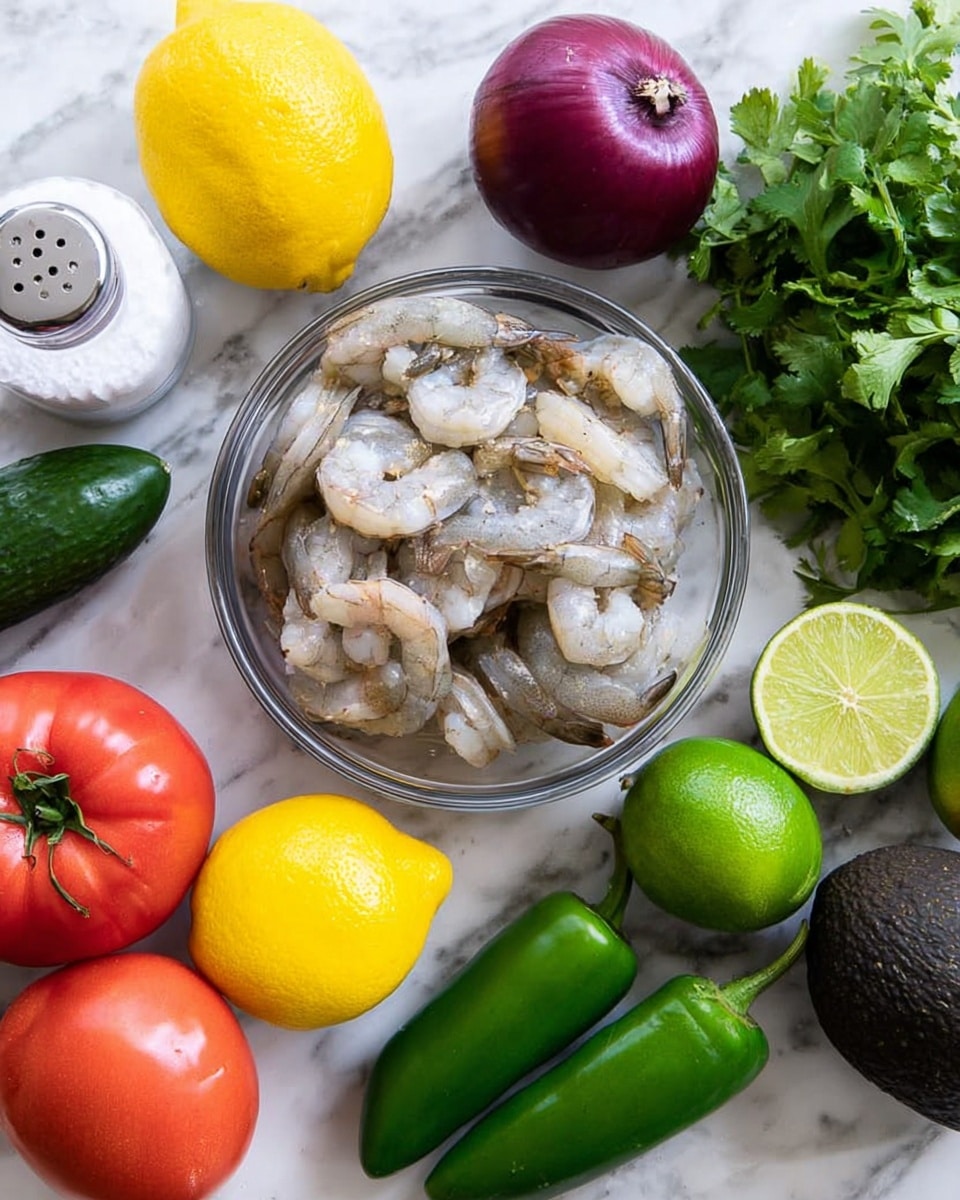 The image shows a clear glass bowl in the center filled with raw shrimp that are gray and white with shells on, layered to fill the bowl. Surrounding the bowl on a white marbled surface are a dark purple onion, a dark green jalapeño, a ripe black avocado, a long dark green cucumber, two bright red tomatoes, two bright yellow lemons, two bright green limes, and a bunch of fresh green cilantro. There is also a white salt shaker with black pepper inside near the top left. The colors are vibrant and fresh, making the raw shrimp and vegetables stand out. Photo taken with an iphone --ar 4:5 --v 7