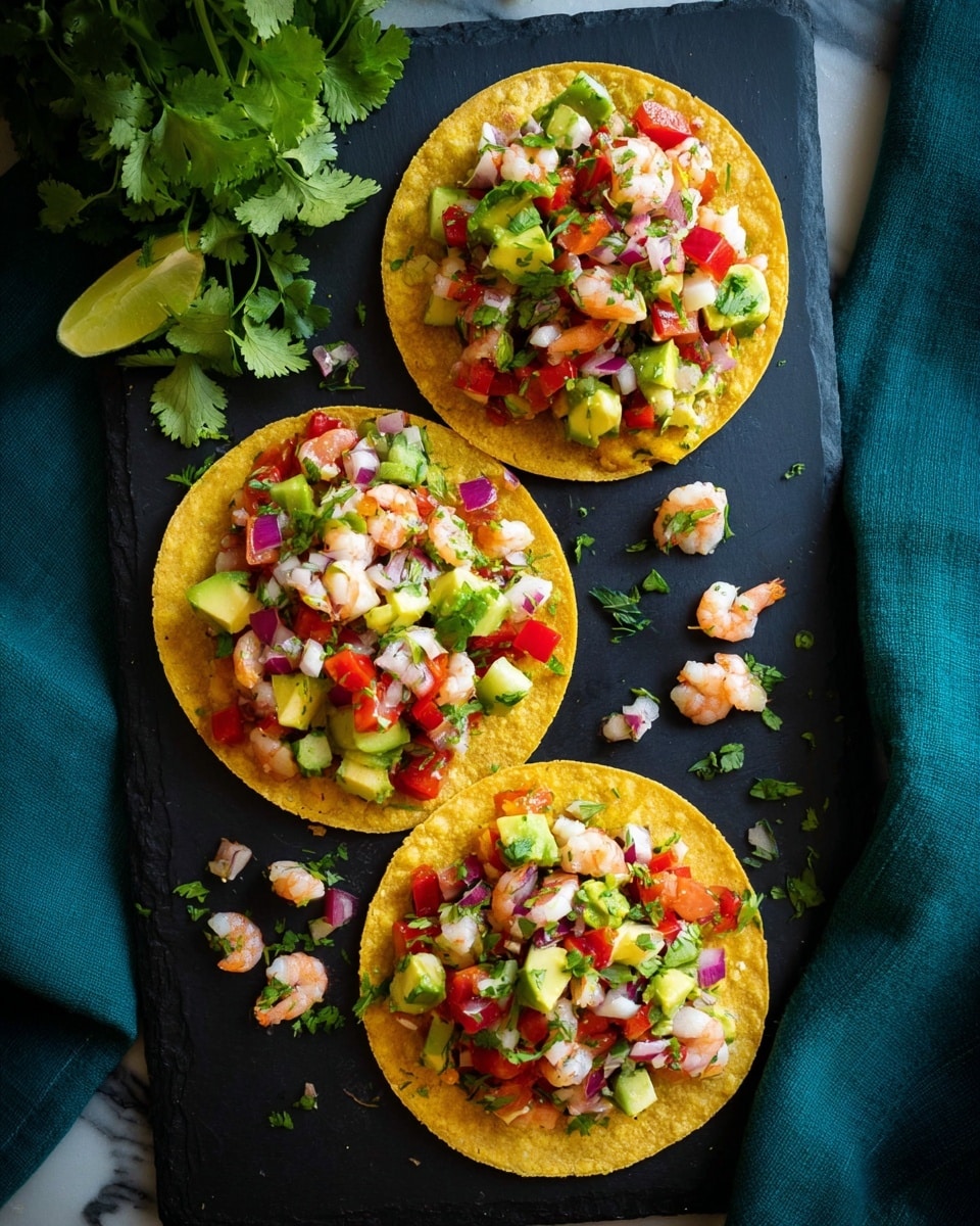 Three yellow crispy tostadas lie on a black slate board with a white marbled surface visible on the side, each topped with a colorful mix of small shrimp pieces, diced red bell peppers, green cucumber, chopped avocado, red onion, and sprigs of green cilantro, creating a fresh and vibrant look. Bright green cilantro leaves and a dark teal cloth are placed to the left of the board, adding depth and natural color contrast to the scene. Some loose bits of shrimp, vegetables, and cilantro are scattered around the tostadas, giving a casual and inviting feel to the presentation. Photo taken with an iphone --ar 4:5 --v 7
