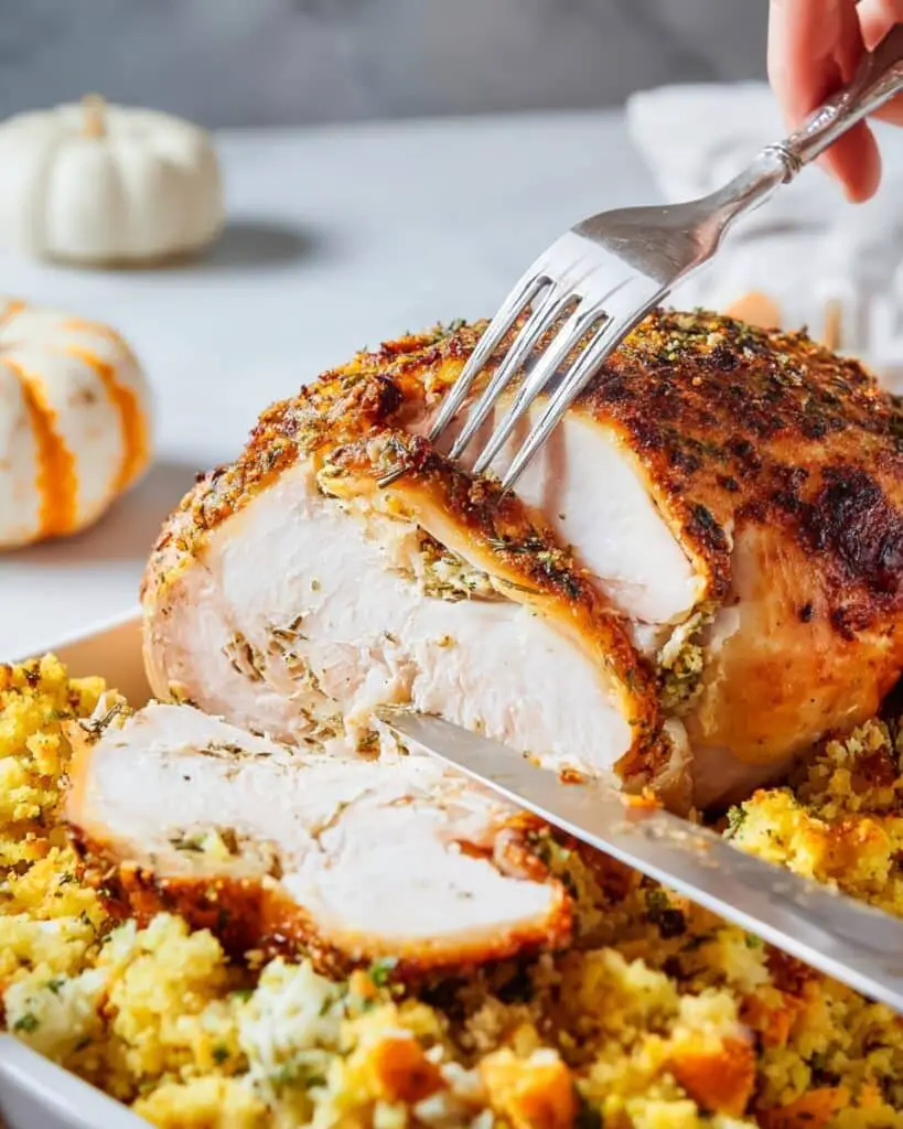 Roast Turkey Breast with Sweet Potatoes, Brussels Sprouts, and Cornbread Dressing Recipe