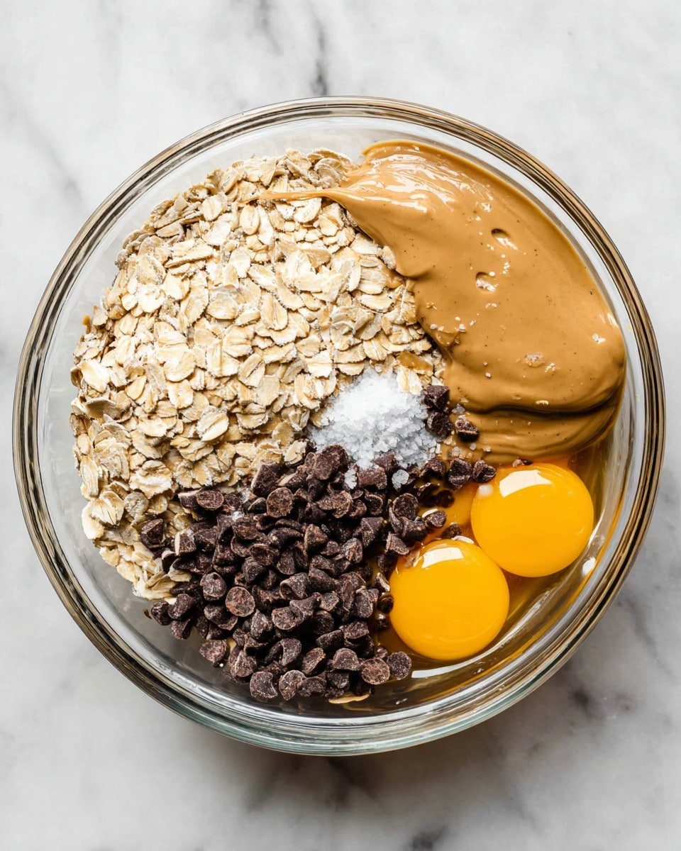 A clear glass bowl sits on a white marbled surface filled with five distinct layers of ingredients. On the left is a smooth, light brown layer of peanut butter. Next to it, toward the top left, is a layer of pale beige rolled oats with a rough texture. To the right of the oats is a pile of small, dark brown chocolate chips that look slightly shiny. At the very center over the chocolate chips is a small heap of coarse white sea salt. Finally, on the bottom right are two whole raw eggs with bright yellow yolks sitting on top of some oats and slightly transparent egg whites around them. Photo taken with an iphone --ar 4:5 --v 7