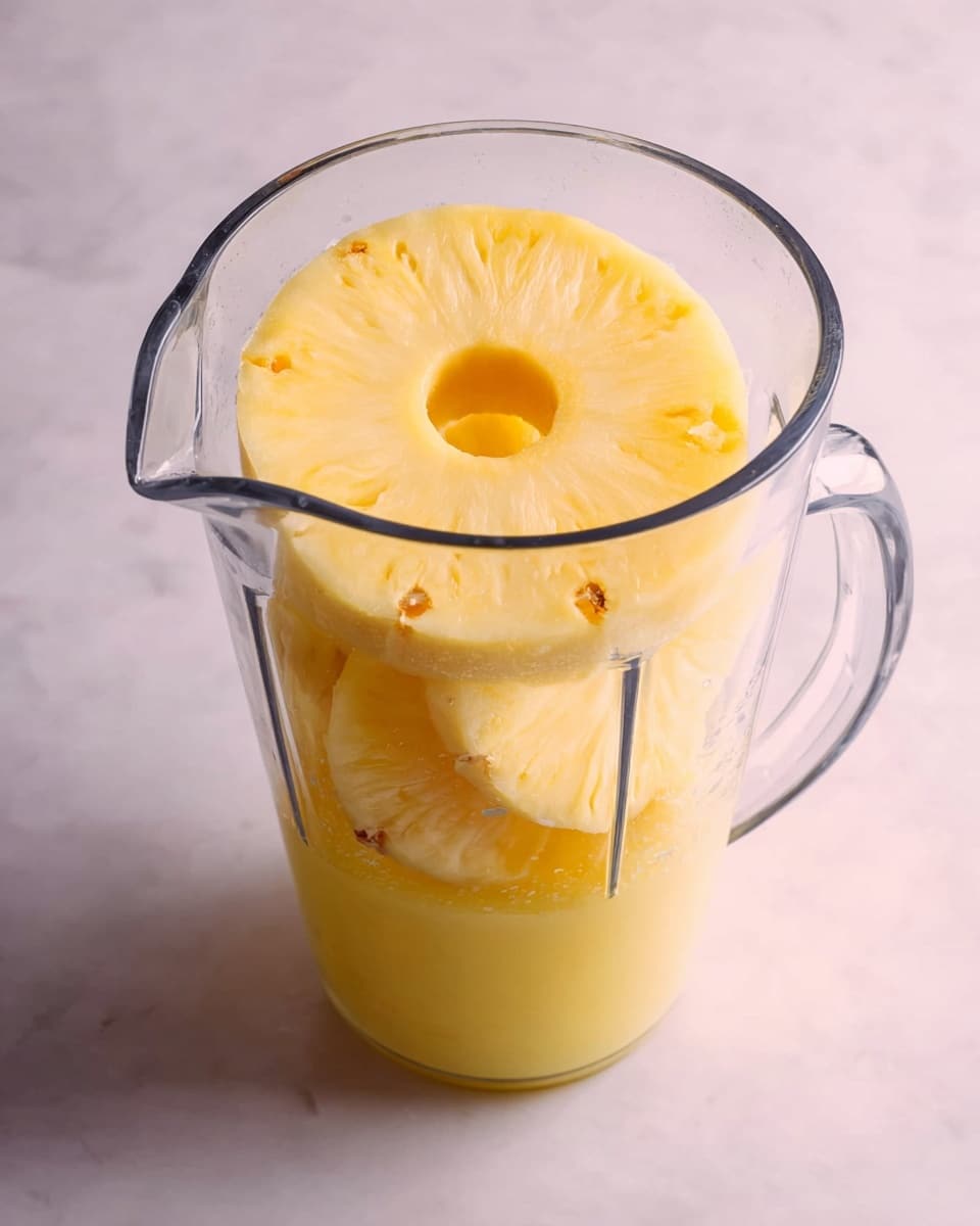 The image shows a clear blender pitcher filled with three layers of pineapple slices and juice. The bottom layer has a yellow pineapple slice immersed in light yellow juice. The middle layer consists of pineapple juice, softly tinted with yellow. The top layer has a thick pineapple ring with a central hole, a pale yellow color and moist texture. The blender pitcher is placed on a white marbled surface, giving a clean, soft background. photo taken with an iphone --ar 4:5 --v 7