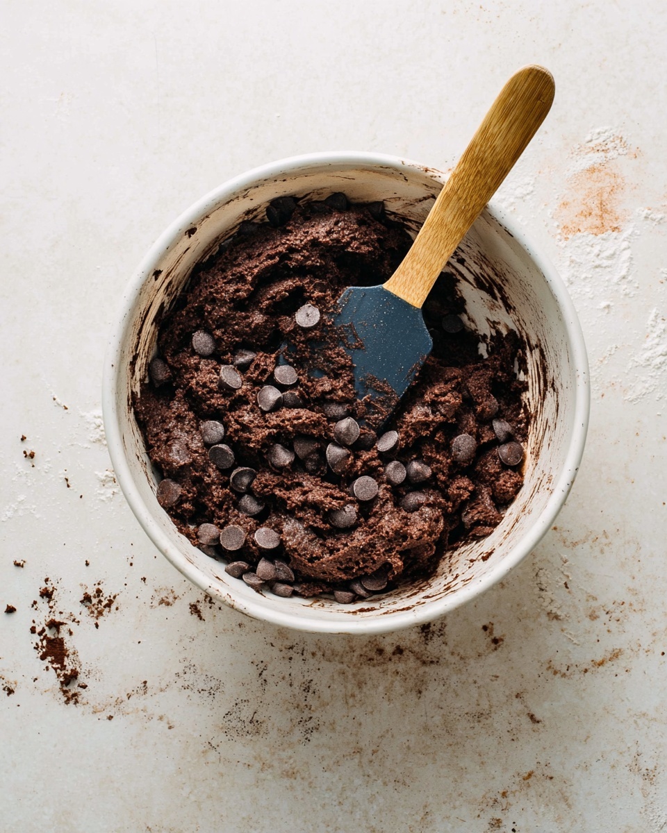 A white bowl filled with dark brown thick cookie dough mixed unevenly with many scattered dark chocolate chips on top. A wooden spatula with a dark blue rubber end rests inside the bowl, partially covered by the dough. The bowl is set on a white marbled textured surface with some small chocolate and flour crumbs around it. photo taken with an iphone --ar 4:5 --v 7