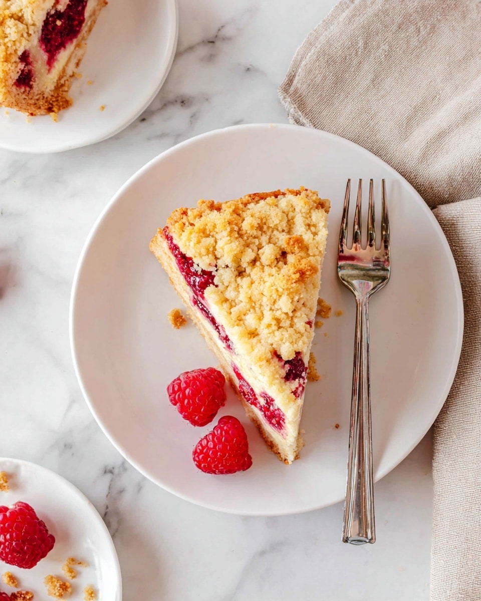 A slice of crumb-topped raspberry cake is placed on a white plate, showing three layers: a crumbly golden-brown crust on the bottom, a bright red raspberry filling in the middle with the fruit texture visible, and a light, golden crumb topping sprinkled on top. Next to the cake slice on the plate are two fresh red raspberries. A fork with a silver handle rests on the right side of the plate. The plate is on a white marbled surface with a beige cloth napkin folded and placed to the left side. Part of another white plate with a fork and cake crumbs is seen on the side. Photo taken with an iphone --ar 4:5 --v 7