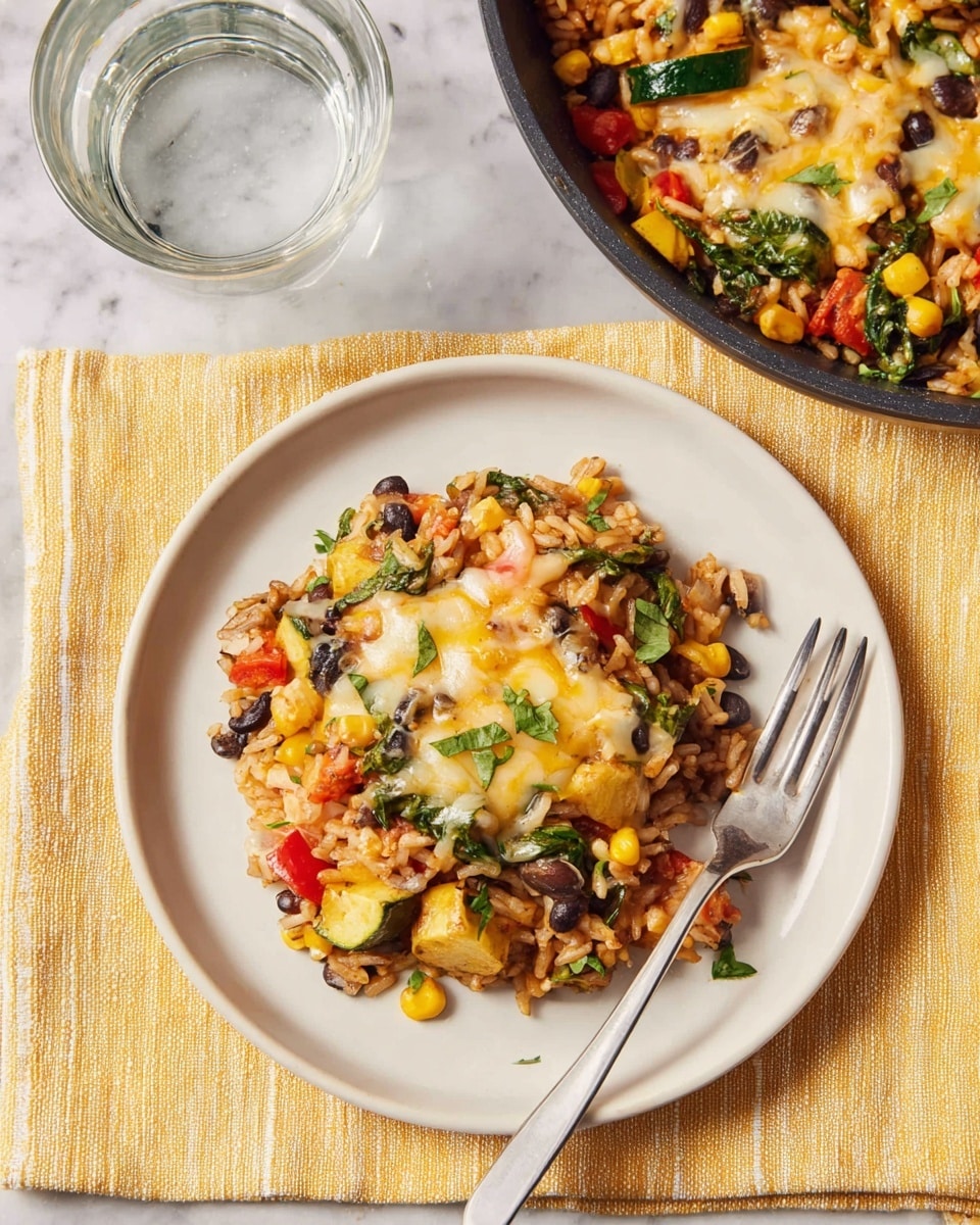 A white plate holds a colorful dish with three main layers: the bottom layer is made of cooked brown rice mixed with black beans, bright yellow corn, green spinach leaves, and chunks of red bell pepper and yellow zucchini pieces. The middle layer is melted golden cheese spread unevenly on top, adding a slightly shiny texture. The dish is garnished with small green herb pieces scattered across the surface. Next to the plate, a silver fork rests on the right side. The plate sits on a yellow and white striped cloth with a clear glass of water nearby on a white marbled surface. In the top right corner, a black pan filled with the same mixture and melted cheese is visible. photo taken with an iphone --ar 4:5 --v 7