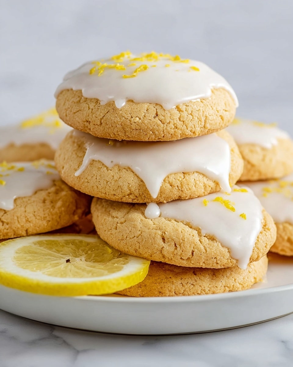 There are seven round, soft cookies stacked in a white plate, each cookie is light brown with a slightly rough texture. Three cookies in the front have white icing drizzled on top, which is smooth and shiny, dripping slightly down the sides of the cookies. The icing is topped with small yellow lemon zest pieces scattered on its surface. The plate sits on a white marbled surface, and a slice of lemon with bright yellow rind and pale yellow inside is placed in front at the bottom of the image. Photo taken with an iphone --ar 4:5 --v 7