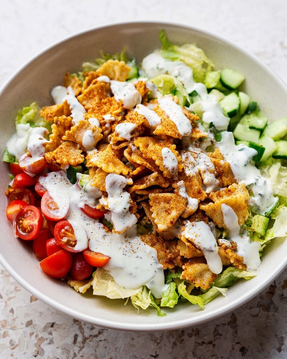 A white bowl with several layers of food on a white marbled surface. At the bottom is fresh green lettuce chopped roughly. On top of the lettuce, golden-brown fried pasta pieces are scattered, showing a crispy texture with some seasoning. Small diced cucumber pieces sit on one side, bright green and fresh. Near the cucumbers are halved small red cherry tomatoes adding a pop of color. Thick white dressing is spread generously over the pasta in broad strips, giving a creamy contrast to the crisp ingredients. Photo taken with an iphone --ar 4:5 --v 7