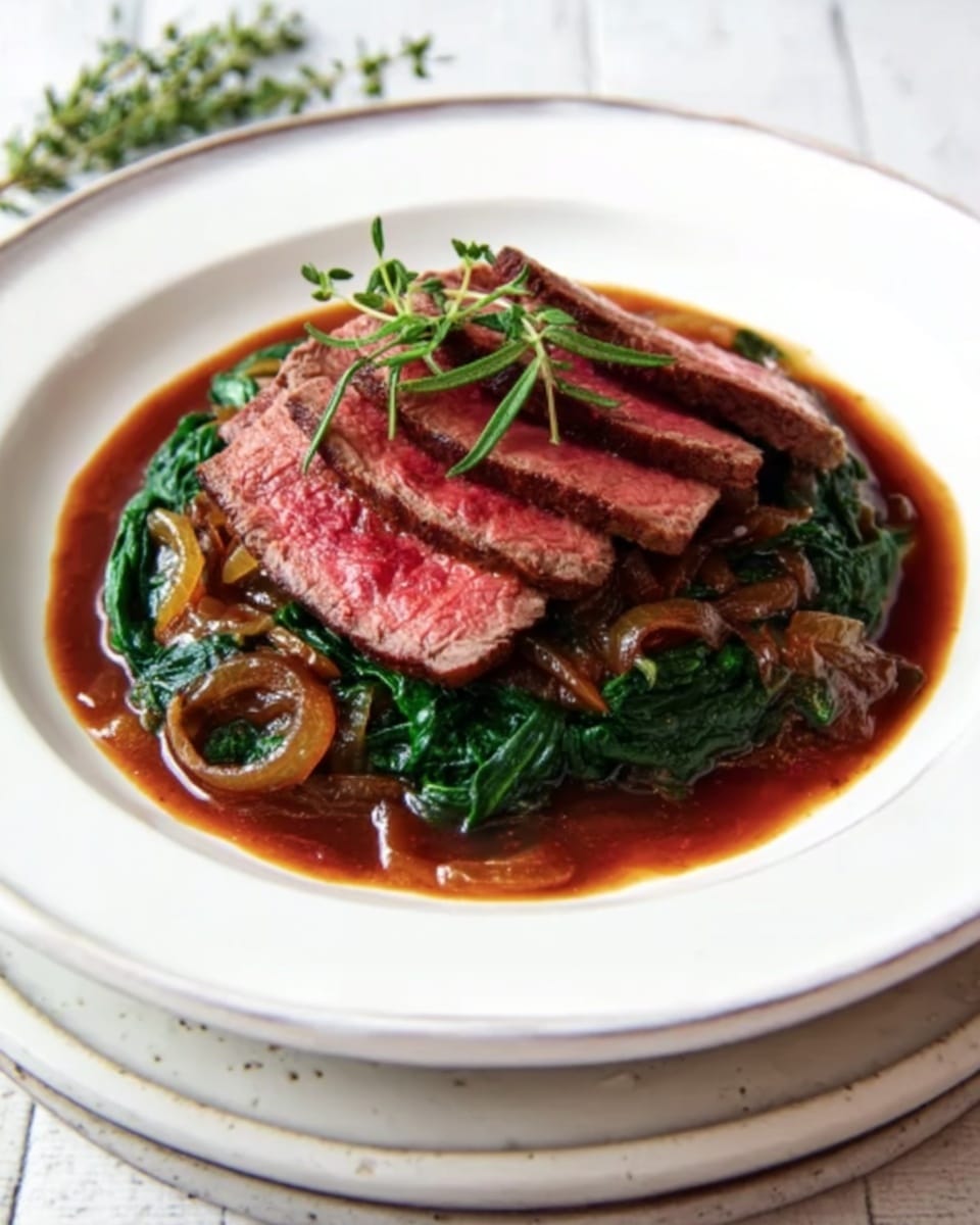 A white plate sits on top of a stack of plates including a white marbled one beneath. On the top plate, there is a layer of dark green cooked spinach in the center. Around the spinach is a thick brown sauce with pieces of caramelized onions mixed in. On top of the spinach, there are three slices of pinkish-red cooked beef, arranged in a slightly overlapping manner, with a small green herb sprig placed on the meat. The background surface is white marbled. Photo taken with an iphone --ar 4:5 --v 7