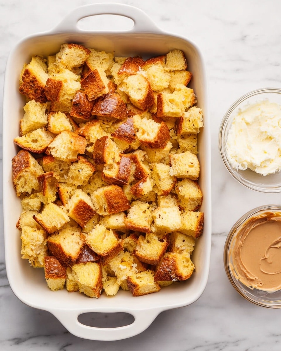 The image shows small golden-yellow bread cubes with a slightly toasted brown crust, evenly spread in a white rectangular baking dish with handles on both sides. On the right side of the dish, there are two small glass bowls; the top bowl contains a white creamy substance, and the bottom bowl holds a light brown creamy spread. The background is a smooth white marbled surface. photo taken with an iphone --ar 4:5 --v 7