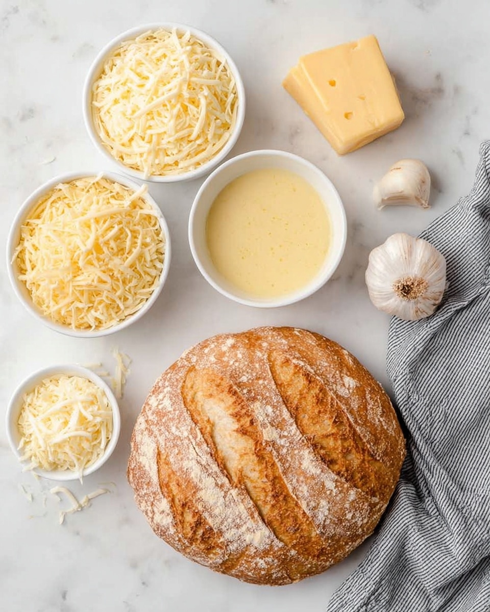 The image shows a collection of ingredients on a white marbled surface: three small white bowls filled with shredded cheese in different shades of pale yellow and ivory arranged in a triangle, a white bowl with a light yellow creamy sauce in the center, a whole garlic bulb, a small block of yellow butter, a round loaf of bread with a golden-brown crust dusted with flour and scored with three diagonal slashes, and a gray and white striped cloth napkin positioned near the bottom right corner photo taken with an iphone --ar 4:5 --v 7