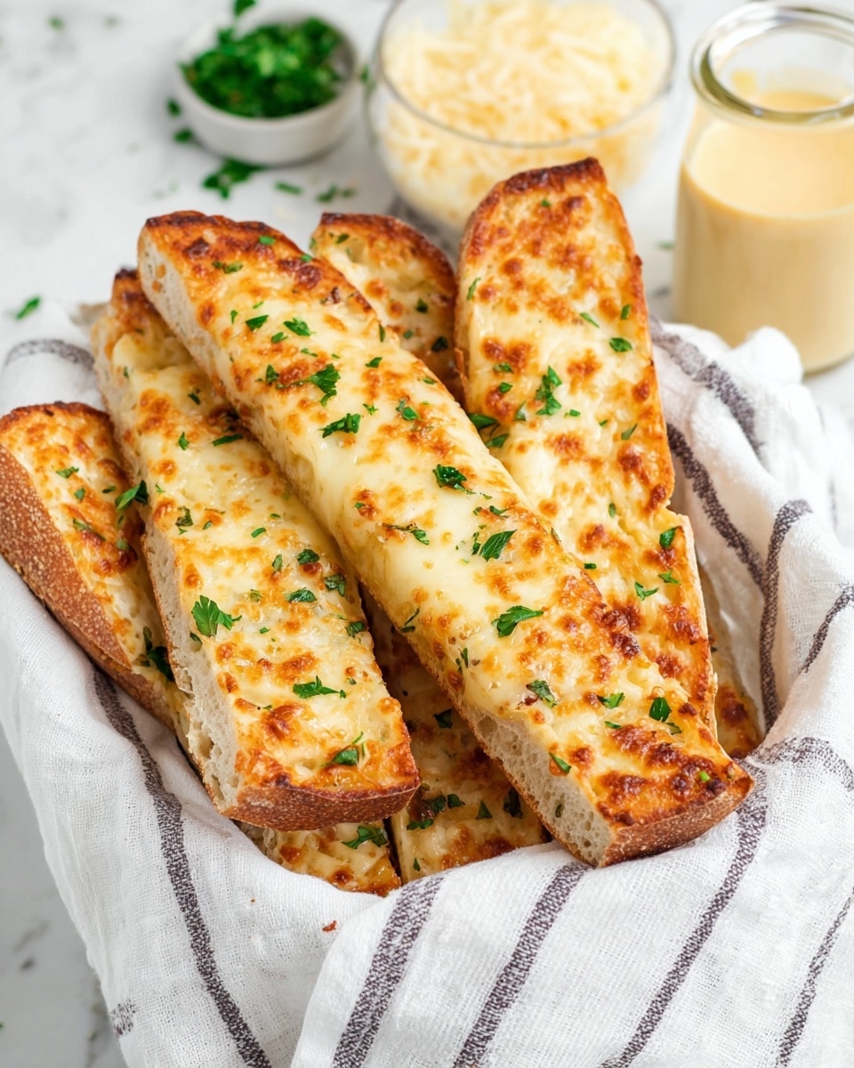 The image shows several pieces of toasted bread sticks with melted golden brown cheese on top, sprinkled with small green parsley leaves. The bread sticks have a light brown crust and a soft, airy inside visible on some pieces. They are arranged together in a white cloth with a thin black stripe pattern, which sits on a white marbled surface. In the background, there is a glass jar with grated cheese and a small jar of light yellow creamy sauce. The whole scene is bright and inviting. photo taken with an iphone --ar 4:5 --v 7
