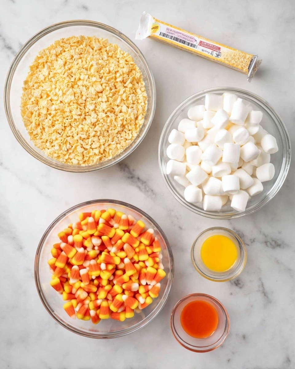 The image shows four clear glass bowls on a white marbled surface. The largest bowl at the top left is filled with light yellow crushed cereal. Below it, there is another large bowl filled with small white marshmallows. To the right of the marshmallows, a medium-sized bowl contains bright orange, yellow, and white candy corn. Between the two large bowls is a stick of salted butter in its wrapper, placed horizontally. There are also two small round containers of food coloring near the candy corn bowl, one with orange and the other with yellow coloring. Photo taken with an iphone --ar 4:5 --v 7