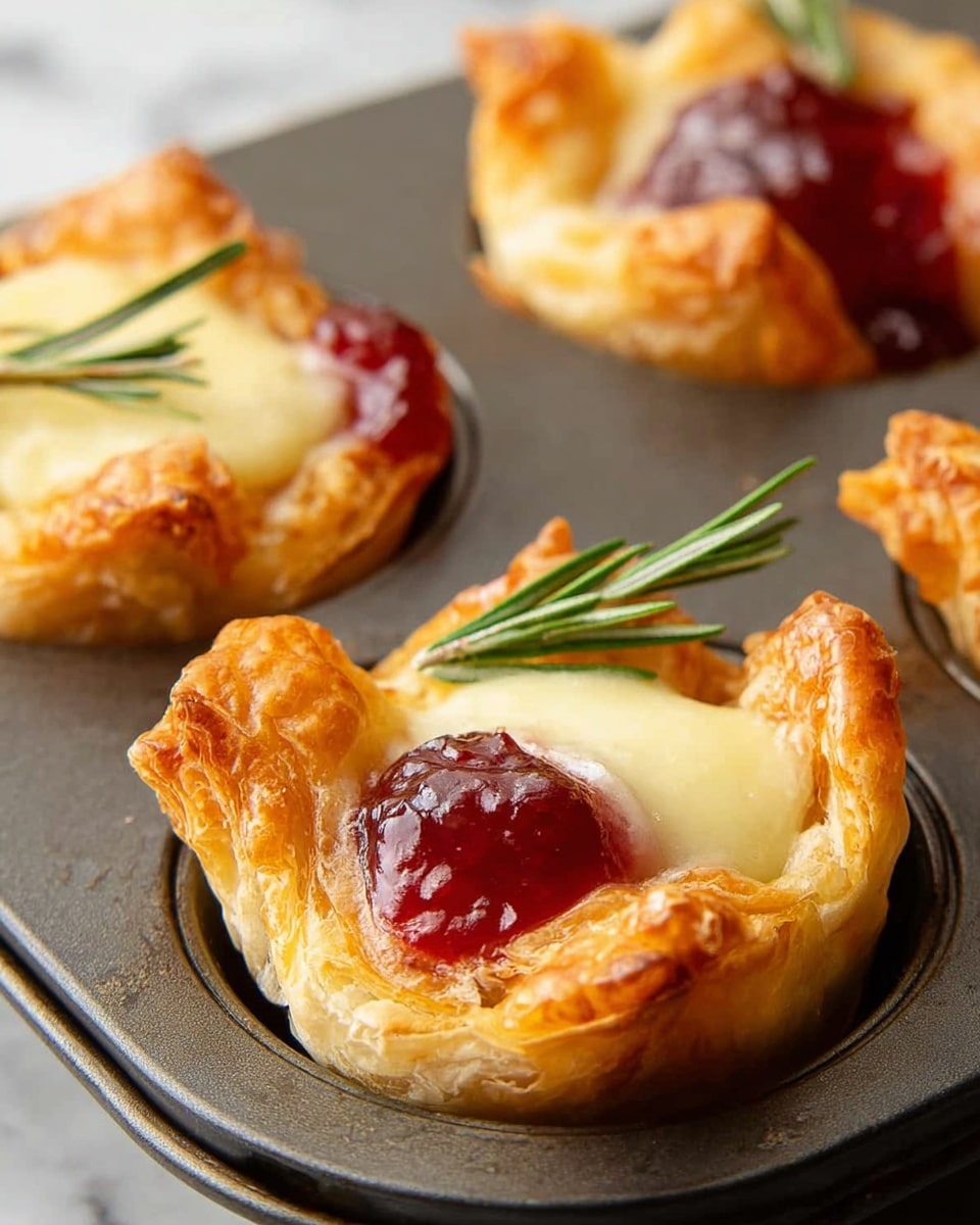 The image shows small baked pastries placed in a dark metal muffin tray. Each pastry has a golden-brown, crisp layer of puff pastry forming the base with edges slightly folded up. On top of the pastry, there is a layer of melted white cheese, smooth and creamy in texture, covering half the surface. Next to the cheese, a bright red jelly layer adds a glossy, smooth contrast. A small sprig of fresh green rosemary is placed on top, adding a touch of natural color and texture. The background has a white marbled texture. photo taken with an iphone --ar 4:5 --v 7
