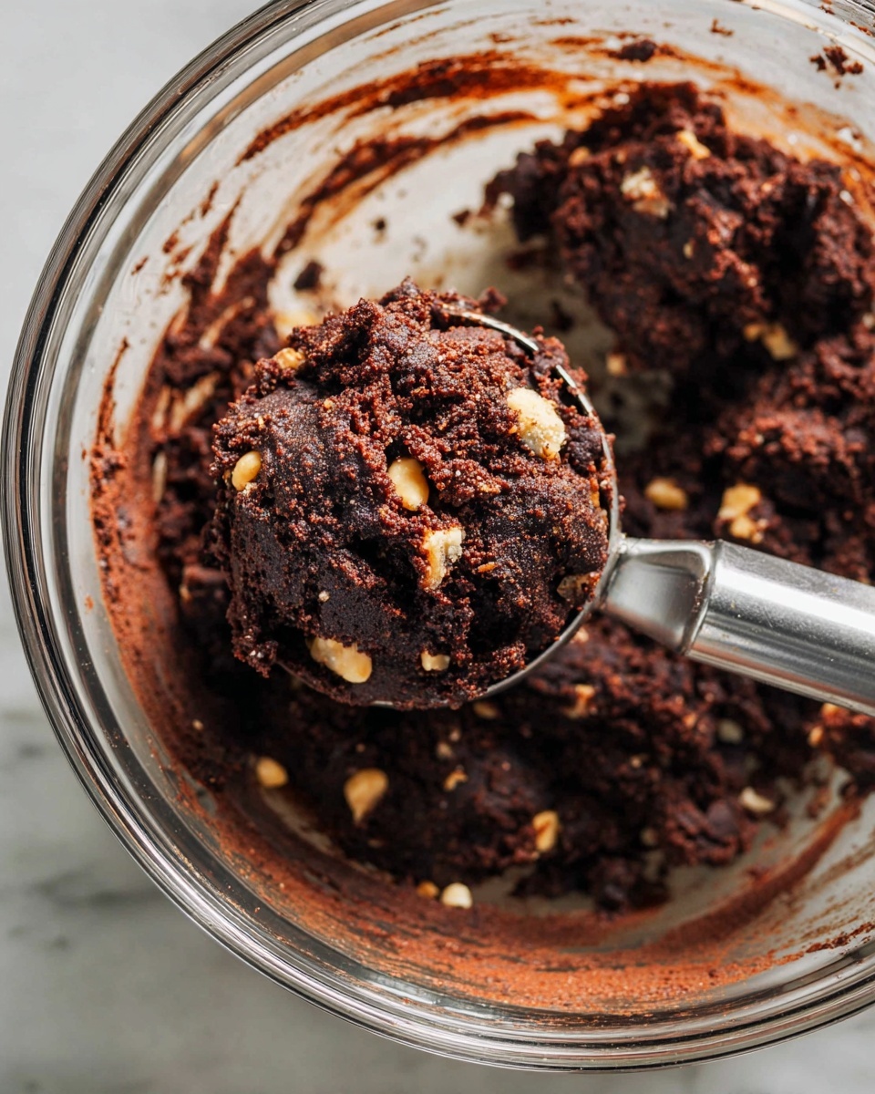 A close-up view of a glass bowl filled with dark chocolate cookie dough that has small light-colored nut pieces mixed in. A metal cookie scoop is holding a round scoop of the cookie dough above the bowl, showing its rough texture and chunks of nuts. The inside of the bowl has smears of the dough, and the white marbled surface is visible beneath the bowl. Photo taken with an iphone --ar 4:5 --v 7