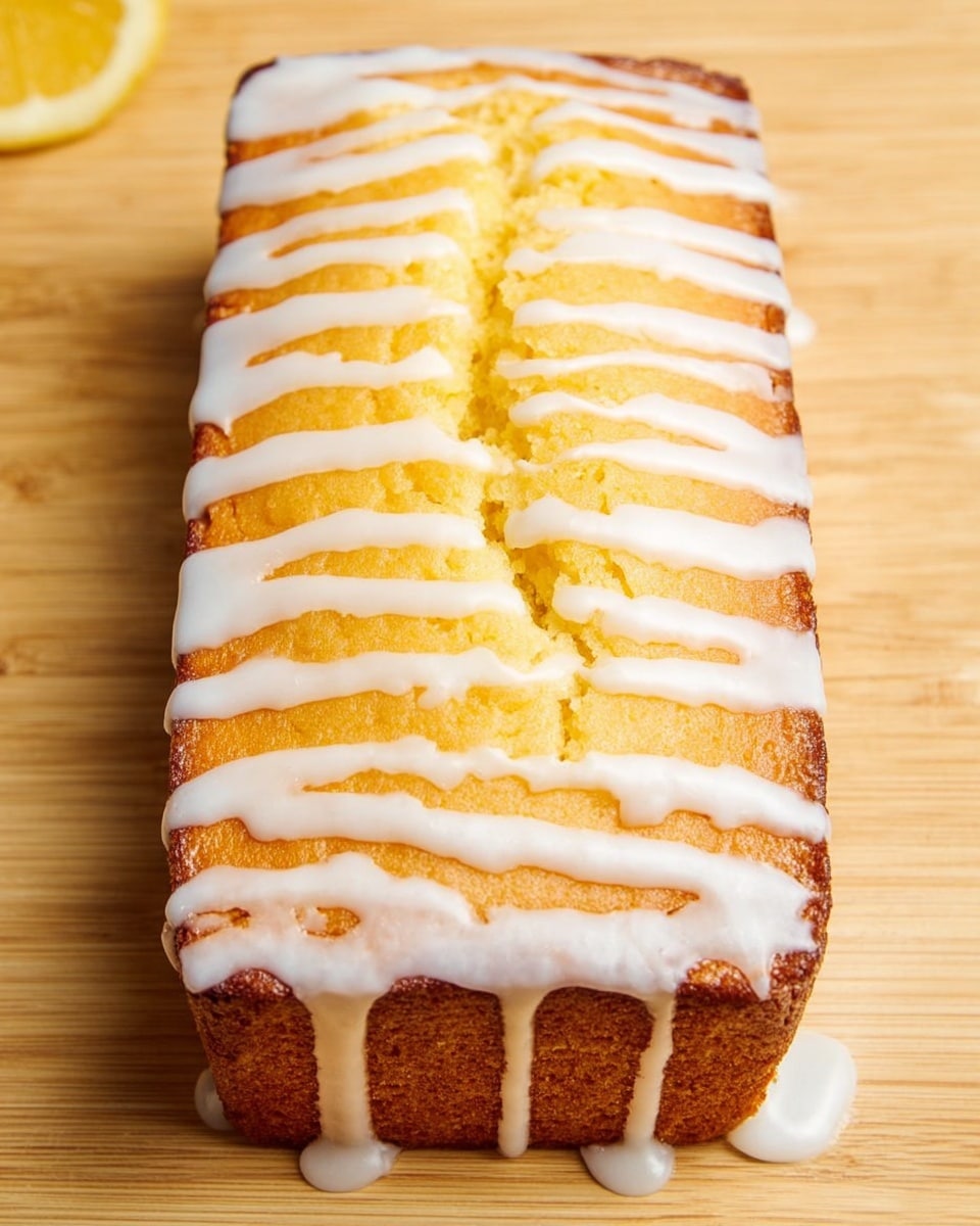A rectangular yellow cake with a cracked top sits on a light wooden surface, covered with white icing drizzled in horizontal stripes that slightly drip down the sides. The cake has a golden-brown crust around its edges, contrasting with the soft, moist yellow inside. The drizzle is uneven and natural, with some icing pooling at the base. Photo taken with an iphone --ar 4:5 --v 7