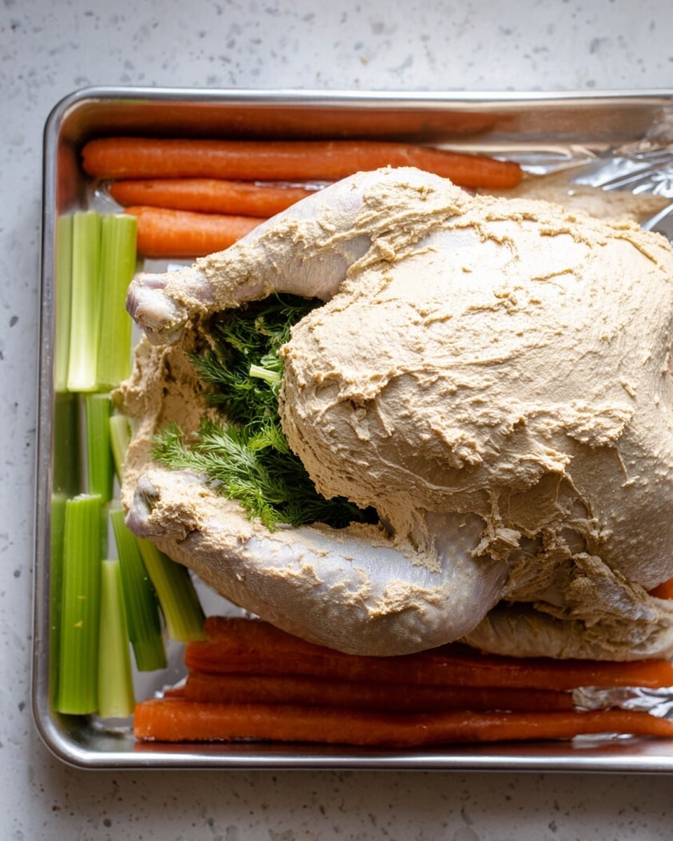 A raw whole turkey covered in a thick layer of beige, textured paste is placed in a metal baking tray. The turkey is stuffed with fresh green herbs visible at the cavity. Around the turkey, there are whole carrots with bright orange skin and green celery stalks, arranged in a row on a shiny silver tray. The background surface is a white marbled texture. Photo taken with an iphone --ar 4:5 --v 7