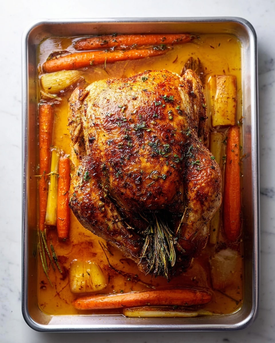 A whole roasted chicken with brown, crispy skin covered in herbs sits in the center of a shiny silver baking tray filled with orange-colored broth. Under and around the chicken are long pieces of roasted carrots and yellow root vegetables, showing soft, cooked textures. The chicken is stuffed with a bunch of dark brown herbs tucked inside its cavity. The tray is placed on a white marbled surface. photo taken with an iphone --ar 4:5 --v 7
