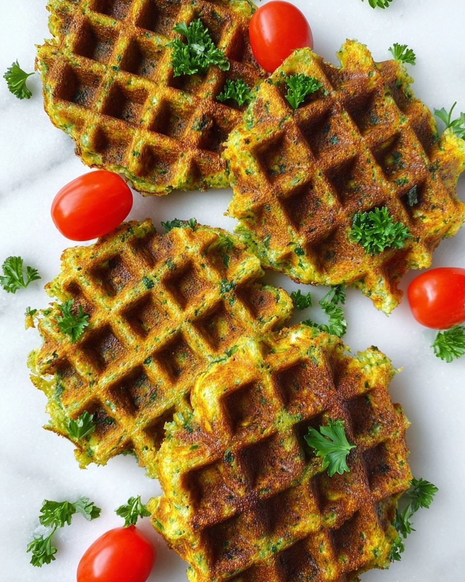 Four golden brown waffles with a rough, green texture showing pieces of herbs or vegetables, each waffle having deep square pockets and slightly uneven edges. The waffles are placed directly on a white marbled surface, scattered with bright red cherry tomatoes and fresh green parsley leaves. The overall look is fresh and colorful with a natural, slightly crispy feel. photo taken with an iphone --ar 4:5 --v 7