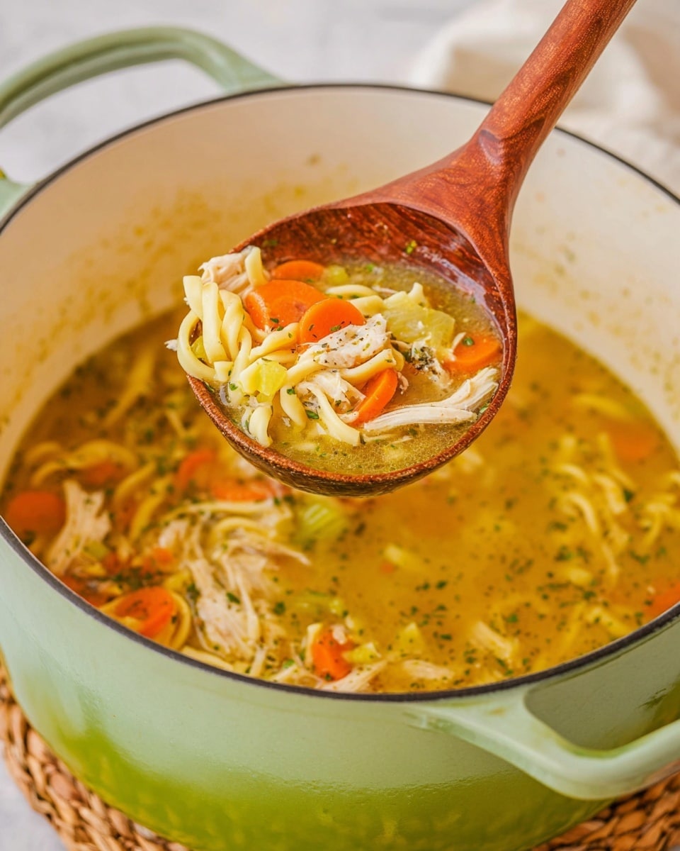 A close-up view of a wooden spoon lifting a scoop of chicken noodle soup from a white enameled pot with a green exterior. The soup has multiple layers visible: a golden broth base with tiny specks of herbs, thin light yellow egg noodles, bright orange carrot slices, small pieces of light green celery, and chunks of shredded white chicken. The pot sits on a white marbled surface with a woven coaster beneath. Photo taken with an iphone --ar 4:5 --v 7