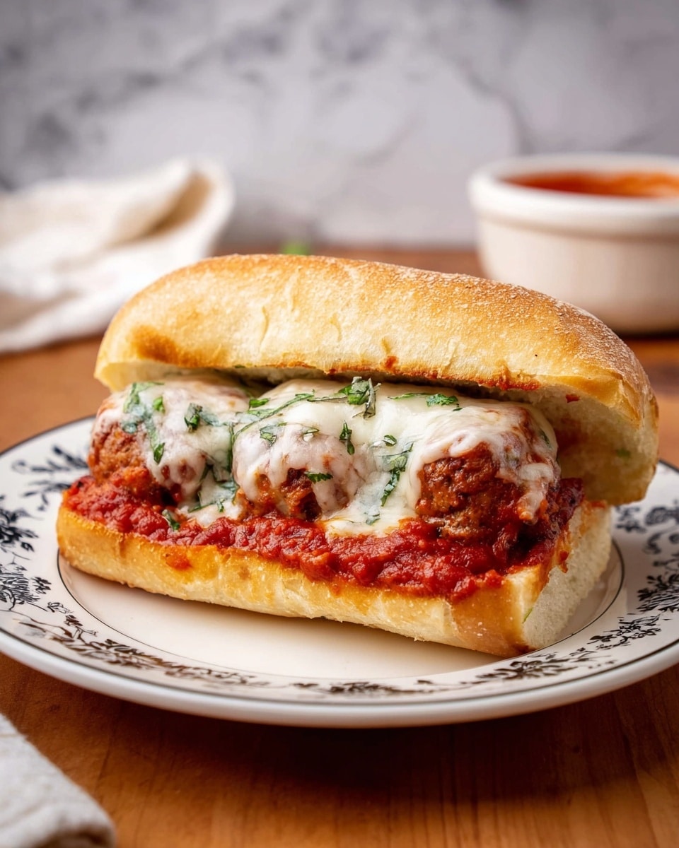 A sandwich with three layers inside a soft toasted bun: the bottom layer is red tomato sauce covering the meat beneath, the middle layer shows browned meatballs, and the top layer is melted white cheese with small green herb bits sprinkled over it. The sandwich sits on a white plate with black floral patterns, placed on a wooden surface with a white marbled texture in the background. Nearby, there is a white bowl with red sauce and a white cloth. Photo taken with an iphone --ar 4:5 --v 7