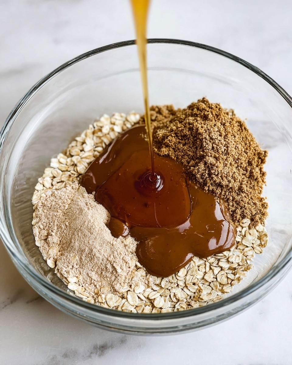 A clear glass bowl sits on a white marbled surface filled with three visible layers: the bottom layer is light beige rolled oats mixed with small seeds, the middle layer is a light brown powdery ingredient piled on one side, and the top layer is a thick, smooth, dark brown almond butter spread over part of the oats and powder. A golden amber honey is being poured in a thin stream onto the center of the almond butter, creating a shiny, sticky pool. The textures contrast between the dry oats and powder and the glossy, creamy almond butter and honey. Photo taken with an iphone --ar 4:5 --v 7